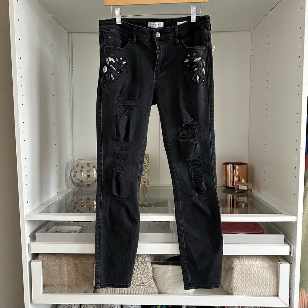 Guess Black Embellished Distressed Skinny Jeans